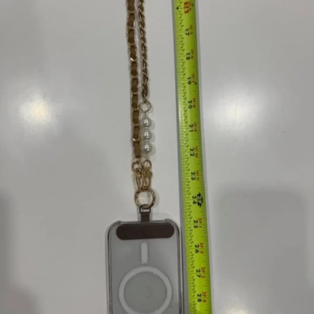 Tan Faux Pearl & Leather Chain Crossbody Phone Lanyard NEW